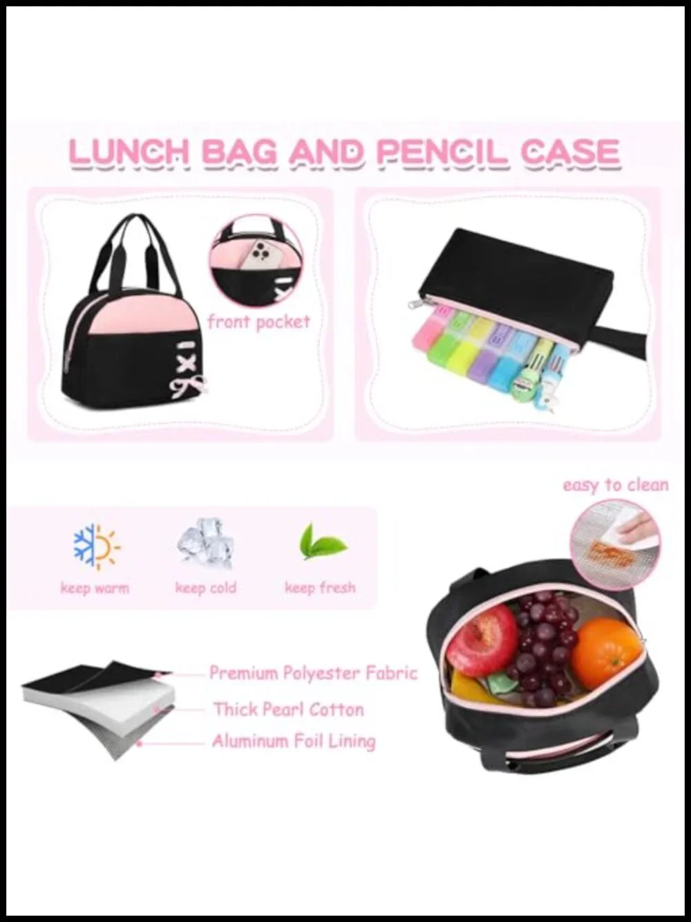 Girls Backpack Set with Lunch Box & Pencil Case, Polyester, 15.6